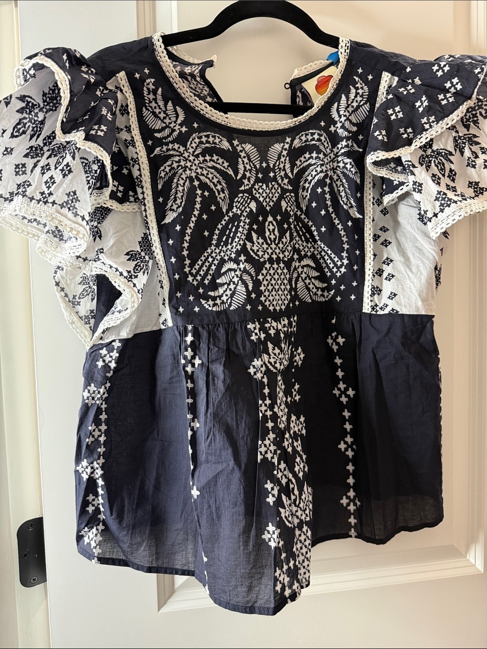 Farm Rio for Anthropologie Navy and White Embroidered Flutter-Sleeve Blouse
